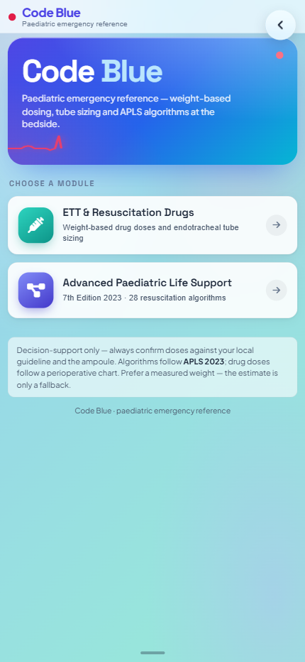 The Code Blue paediatric emergency reference home screen