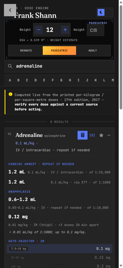 The Frank Shann dose calculator computing adrenaline doses live for a 12 kg child