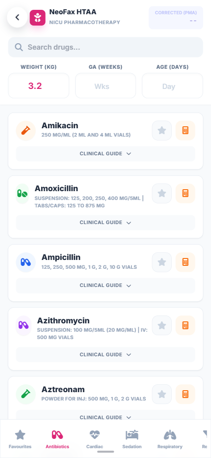 Neonatal drug references at 3.2 kg, listing antibiotics