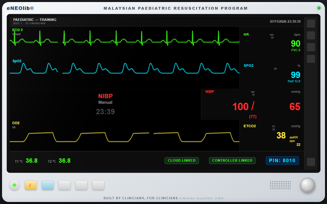 The eNEOlib Paediatric Resuscitation Simulator patient monitor, showing a live electrocardiogram, oxygen-saturation and capnography trace with numeric vital signs